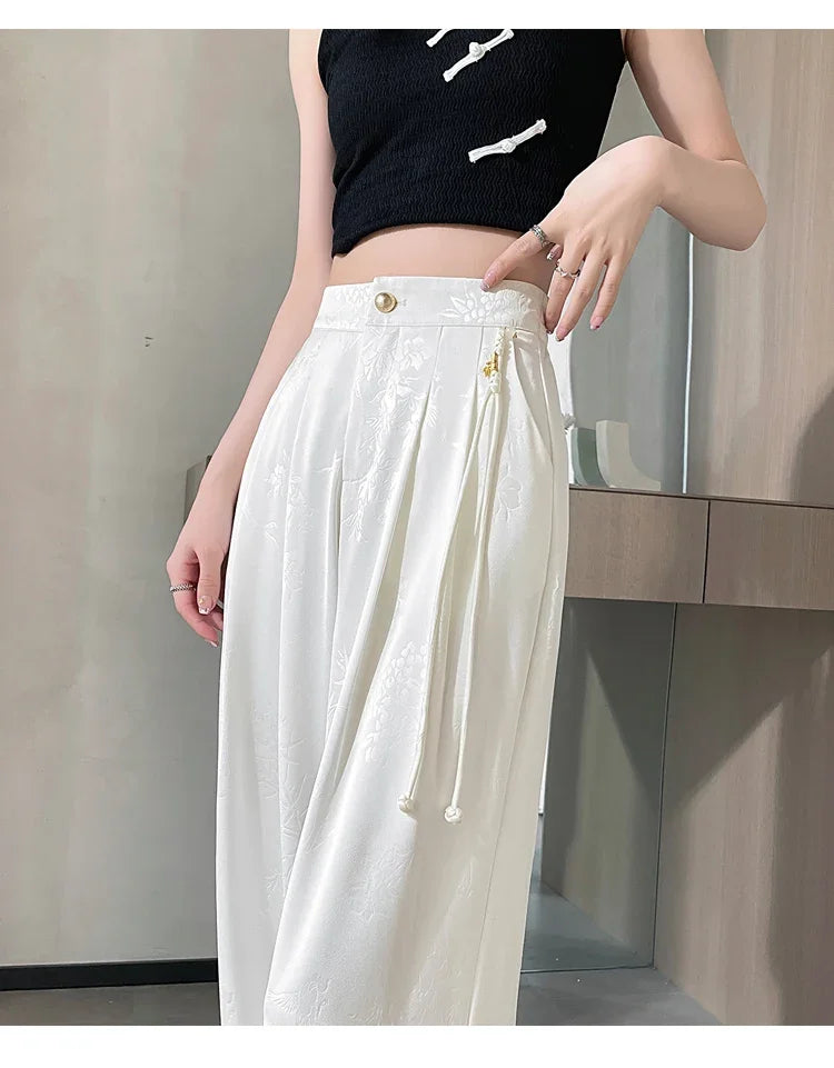 Chinese Style Jacquard Wide Leg Satin Pants – Women